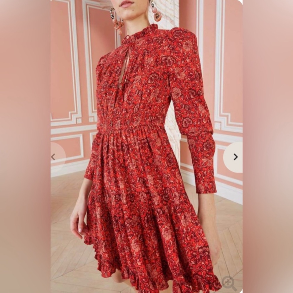 Ulla Johnson Mini Ruffle Liv Dress Size 2 Red Floral Pint Mini Dress Long Sleeve